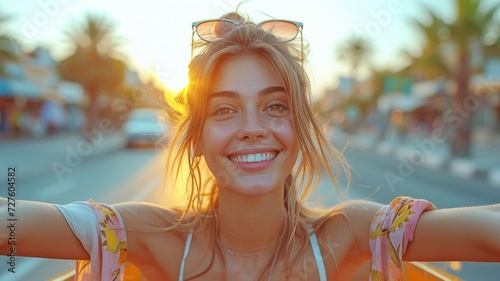 Leaning out of the automobile sunroof and extending her arms, a joyful, emotional young woman is seen on the city street.