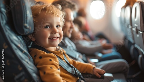little kid sitting in an airplane seat going on vacation