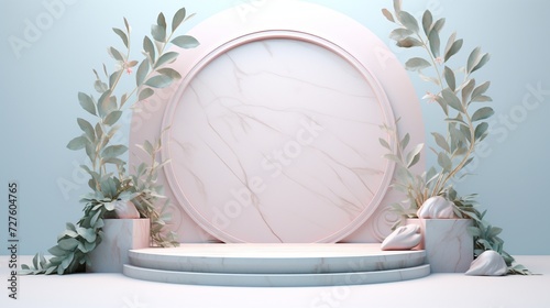 A diminutive 3D-rendered podium made of white marble graces the center of the frame, surrounded by stylized leafy saplings.