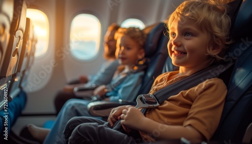 little kid sitting in an airplane seat going on vacation