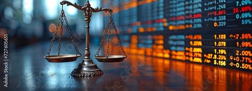 Financial law on the stock market exchange board including a gavel judge and law scale