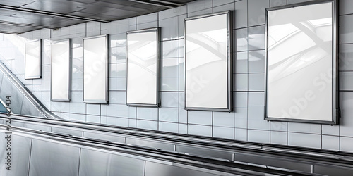 a group of four blank escalators outside in a shopping center,Empty billboards on a city street,Mock up Poster media template Ads Media display in Subway station