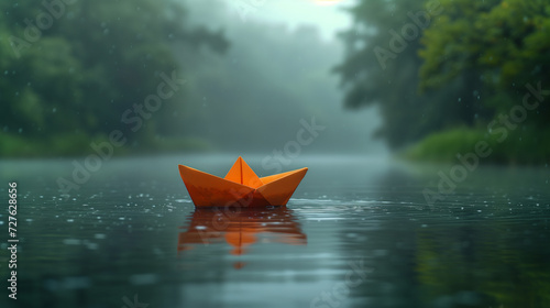 an orange paper origami boat sailing on a calm river in the rain with green trees growing on the sides, the concept of sadness for the past of childhood