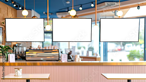  a restaurant with big screen banners,Mock up screen display Restaurant Cafe Menu Food Business, for restaurant marketing, food service industry, digital menu advertising, and customer engagement