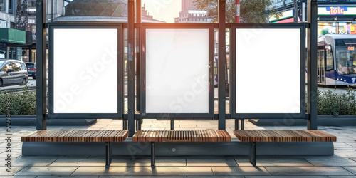 empty blllboard advertising on a bus stop,for advertising mockups and urban city concepts in design projects and presentations.Mock up Billboard Media Advertising Poster template at Bus Station city