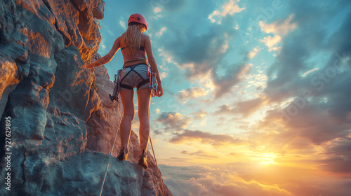 back view of a slender female climber in a belay gear standing on a small ledge of a vertical large rock and admiring a beautiful sunset view with a beautiful sky from a high altitude