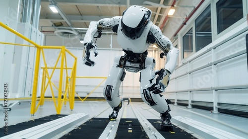 A robotics engineer testing a bipedal robot's agility and balance, pushing the boundaries of humanoid robotic technology