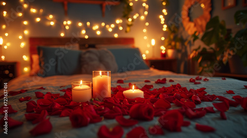 a bed decorated with candles and red rose petals