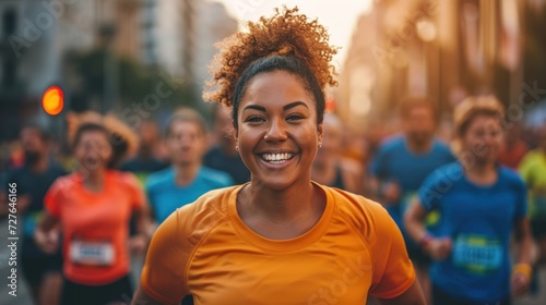 A group of people running a marathon in the city during the day smiling female runner