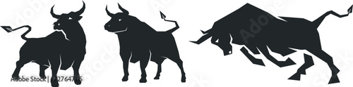 Bull images set. Bull logo designs set, Stylized silhouettes of standing in different poses and butting up bulls. Isolated on white background. Vector illustration for any kind of graphic design.