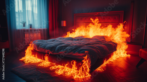 Bed with fire around it