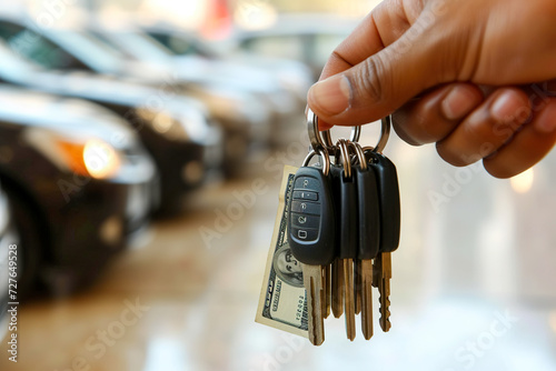 Hand holding car keys on background of salon. Concept of car loan, choice, purchase or rent
