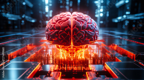 Red illuminated artificial intelligence brain in a futuristic data center symbolizing advanced AI risks, superintelligence threat, and potential future scenarios of overpowering AGI