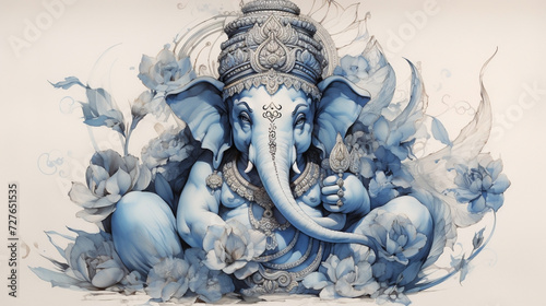 3D pencil sketch drawing of Indian god Ganesh blue tone in white background