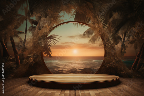 Wooden podium amidst a lush, tropical setting at sunset. Concept for product display, cosmetics showcase.