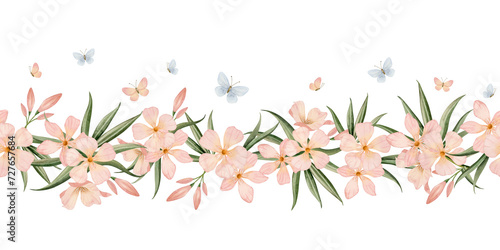 Oleander flowers with flying peach pink and pastel blue butterflies watercolor seamless border isolated on white background. Floral horizontal banner for wedding designs and baby girl room decor