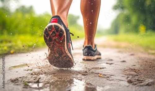 Closeup athlete's foot running on a rainy day for training and exercise with a healthy lifestyle concept