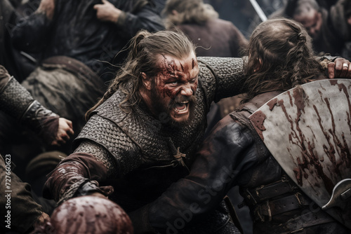 Dynamic image of vikings epic fight. Generative AI