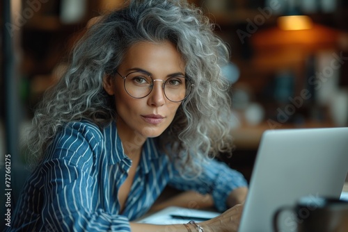 Mature businesswoman with curly gray hair, wearing glasses and a blue striped shirt, concentrating on her laptop in a modern office