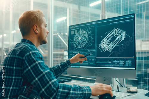 A focused engineer reviews complex mechanical design schematics on a large computer screen in a modern office.