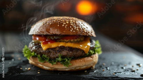Burger, posé sur une ardoise, salade steak, tomate, bacon, illustration ia générative