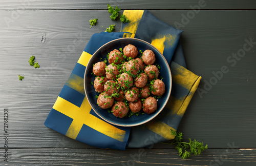 Golden brown Köttbullar, the famous meatballs, present themselves as a delicious delicacy on a traditional Swedish plate. The background of the plate reflects a Scandinavian design and Swedish colors.