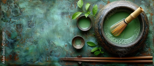 A cup of matcha tea with a traditional bamboo whisk, Japanese tea ceremony style