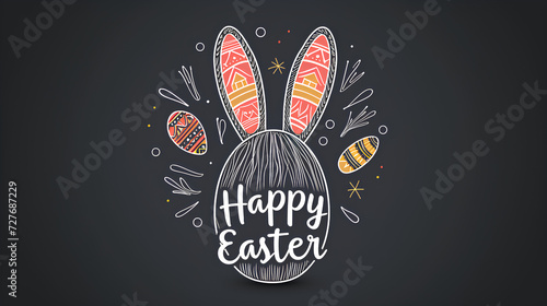 Happy easter poster banner, minimal line drawing illustration concept with a black background
