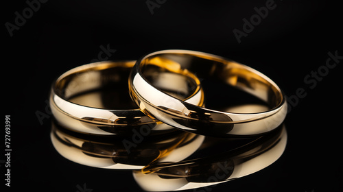 wedding rings in glass, Set of Golden Wedding Rings, soft focus gold rings, black background