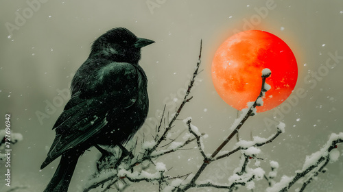 Peinture d'un oiseau noir perché sur une branche en hiver