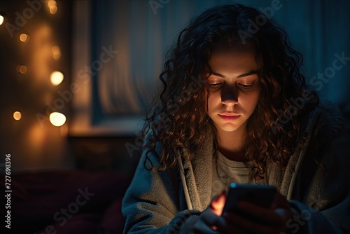 girl with insomnia lies in bed, looks at her phone, hangs out on social networks