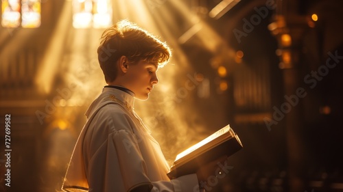 young acolyte in a church reading a holy book, while sunlight streams through the windows, emphasizing the smoke of incense in the air.