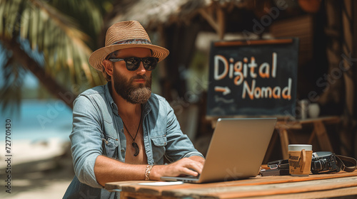 Digital nomad traveler and hipster with beard, sunglasses and hat working with his laptop from a beach bar with wifi on the beach.