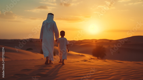 Arab Father and son walking in the desert, Middle-eastern father and son wearing arab traditional kandura spending time in the desert, Dubai,