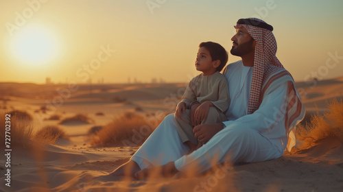 Middle-eastern father and son wearing arab traditional kandura spending time in the desert of Dubai at sunset