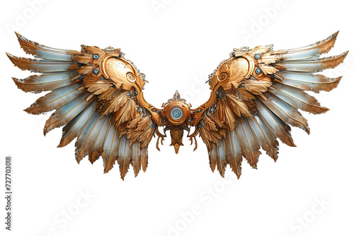 white gold mechanical robot wings isolated on transparent background, generative ai