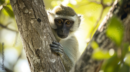 vervet monkey perched in a tree in wild