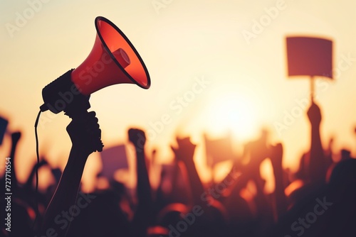 Political communication raised hand with megaphone over sunset