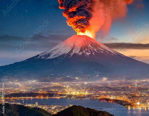 夜間に富士山が噴火したイメージ