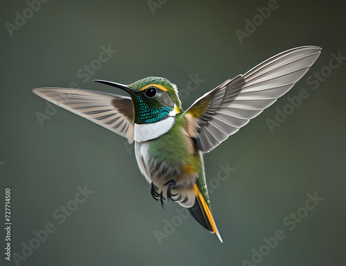 fliegender Baby Kolibri mit weißer Brust und grünem Hals