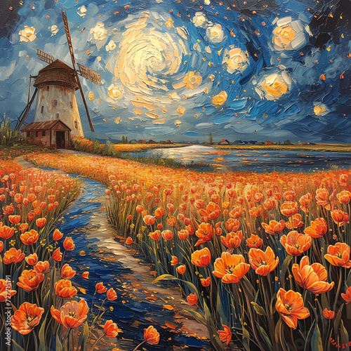 Ölgemälde - Blumenfeld mit Windmühle, Nachthimmel und Mond