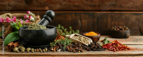Traditional chinese medicine with herb and spices in brown wooden background mortar and pestile
