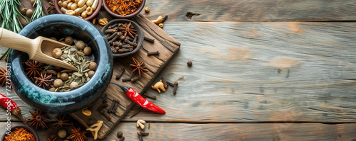Traditional chinese medicine with herb and spices in brown wooden background mortar and pestile
