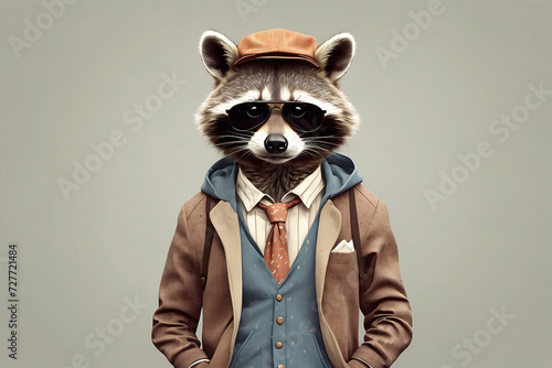 illustration of a raccoon wearing retro fashion clothes