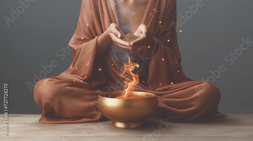 Hands of a spiritual medicine woman burning medicinal herbs in a bowl; sacred ritual fire for purification and healing of soul and body. natural preparation of a shaman healer, for holistic healing