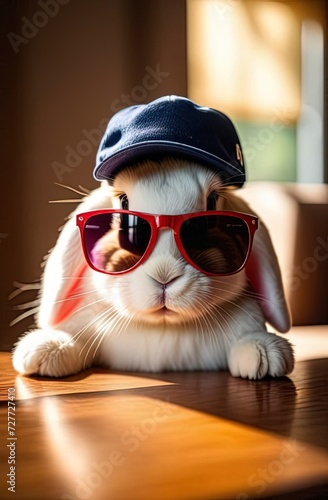 Cute white rabbit wearing glasses sitting on caffe restoran an waiting menu