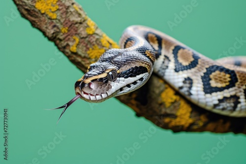 Studio shot of a Boa Constrictor snake slithering along a tree branch against a plain green background. 