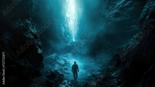 A man walking through a dark valley toward the heavenly light trusting in God Generative AI Illustration