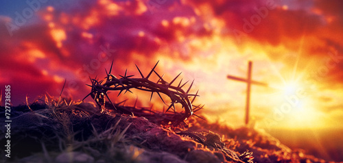 crown of thorns and cross at sunset, easter background
