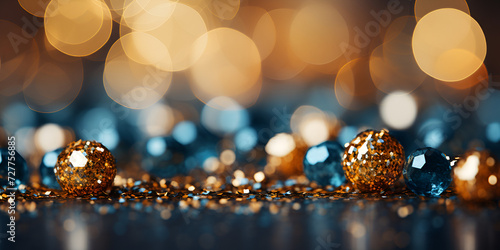 Magical spheres with golden glitter on a reflective surface with bokeh lights Beautiful bright festive bokeh Christmas and new year celebrations banners golden glitter vintage lights background.
